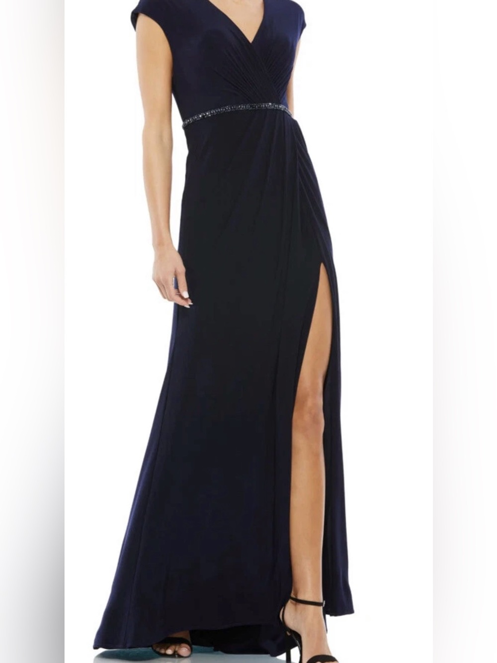 New Mac Duggal Crystal Belt Jersey Gown in Navy Size 10 $498